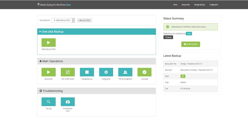 akeeba backup wordpress pannello controllo