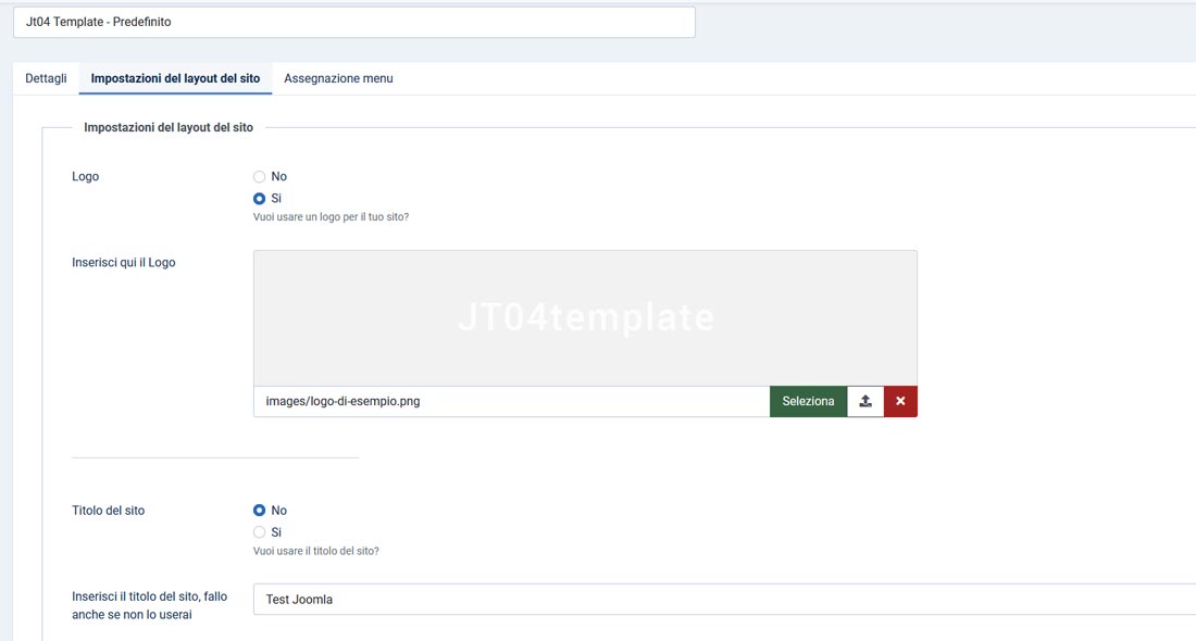 paramentri template backend joomla