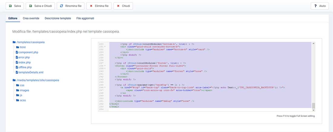 selezione codice index.php template joomla.