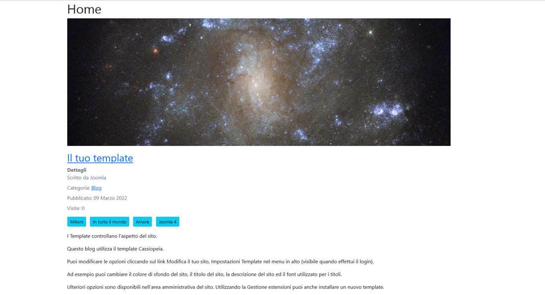 Visualizzazione sito Joomla! 4 con template personalizzato basico