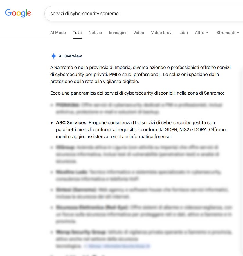 Posizionamento su Google overview per CybersecuritySanremo