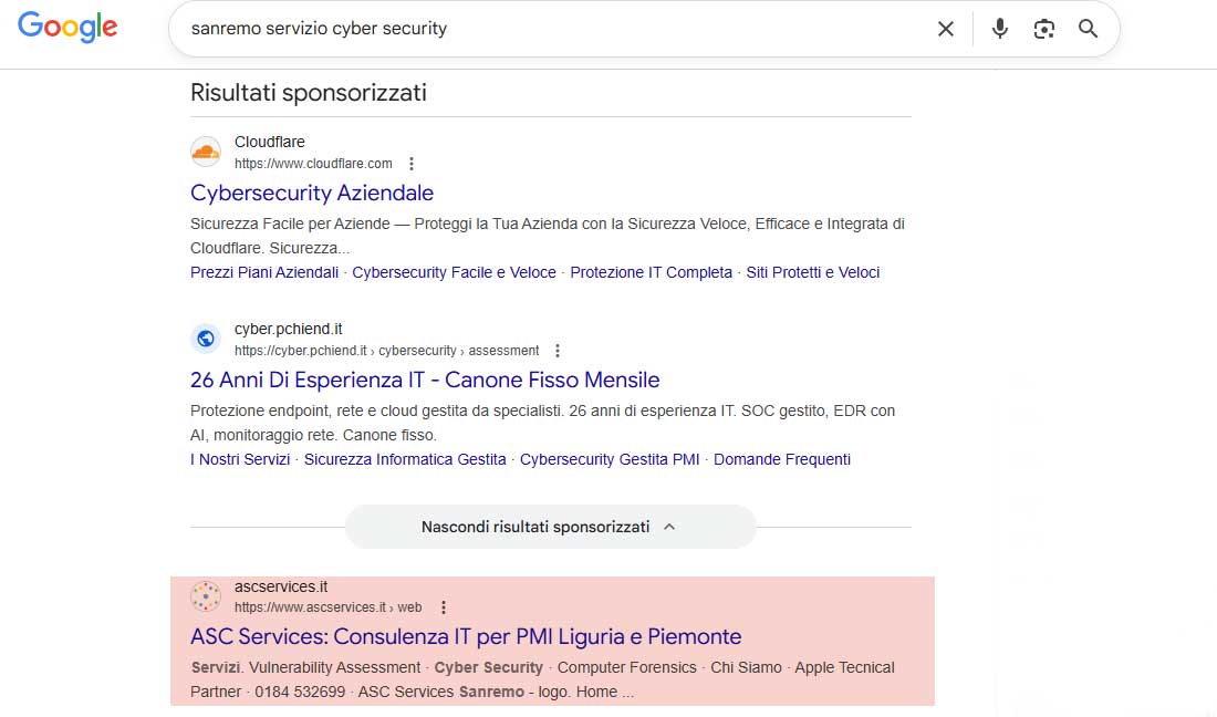 Posizionamento su google di ASC Services per Cyber Security Sanremo